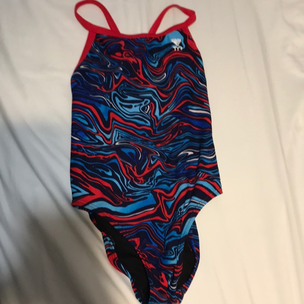 Red white and blue TYR training bathing suit